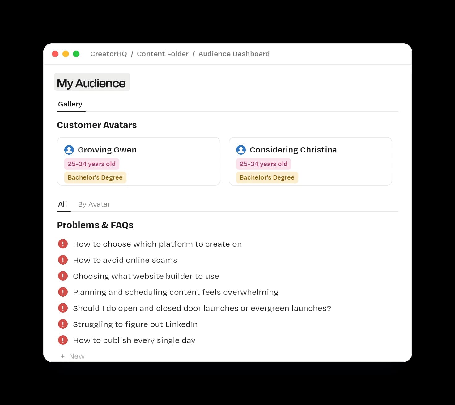 CreatorHQ's Audience Dashboard page in Notion