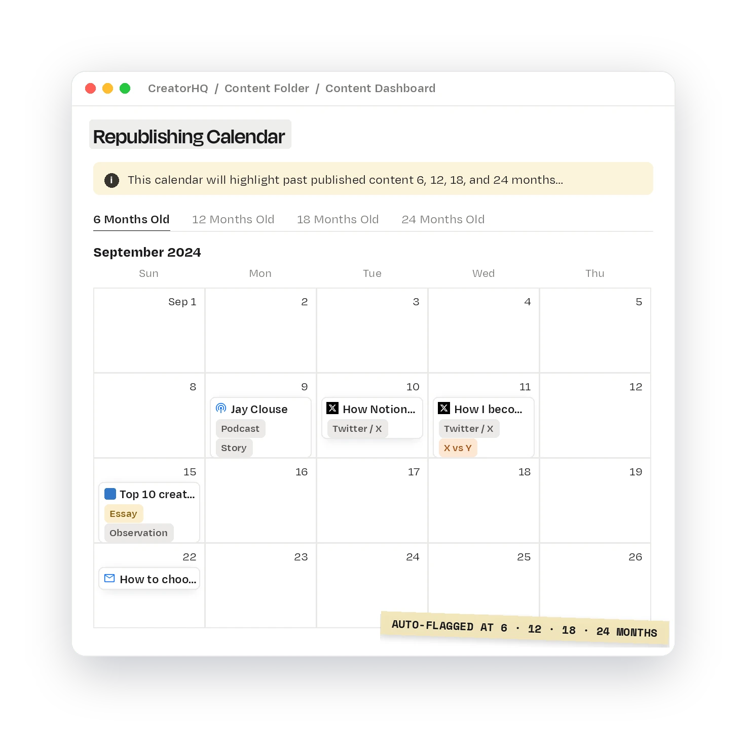 CreatorHQ's Republishing Calendar page in Notion