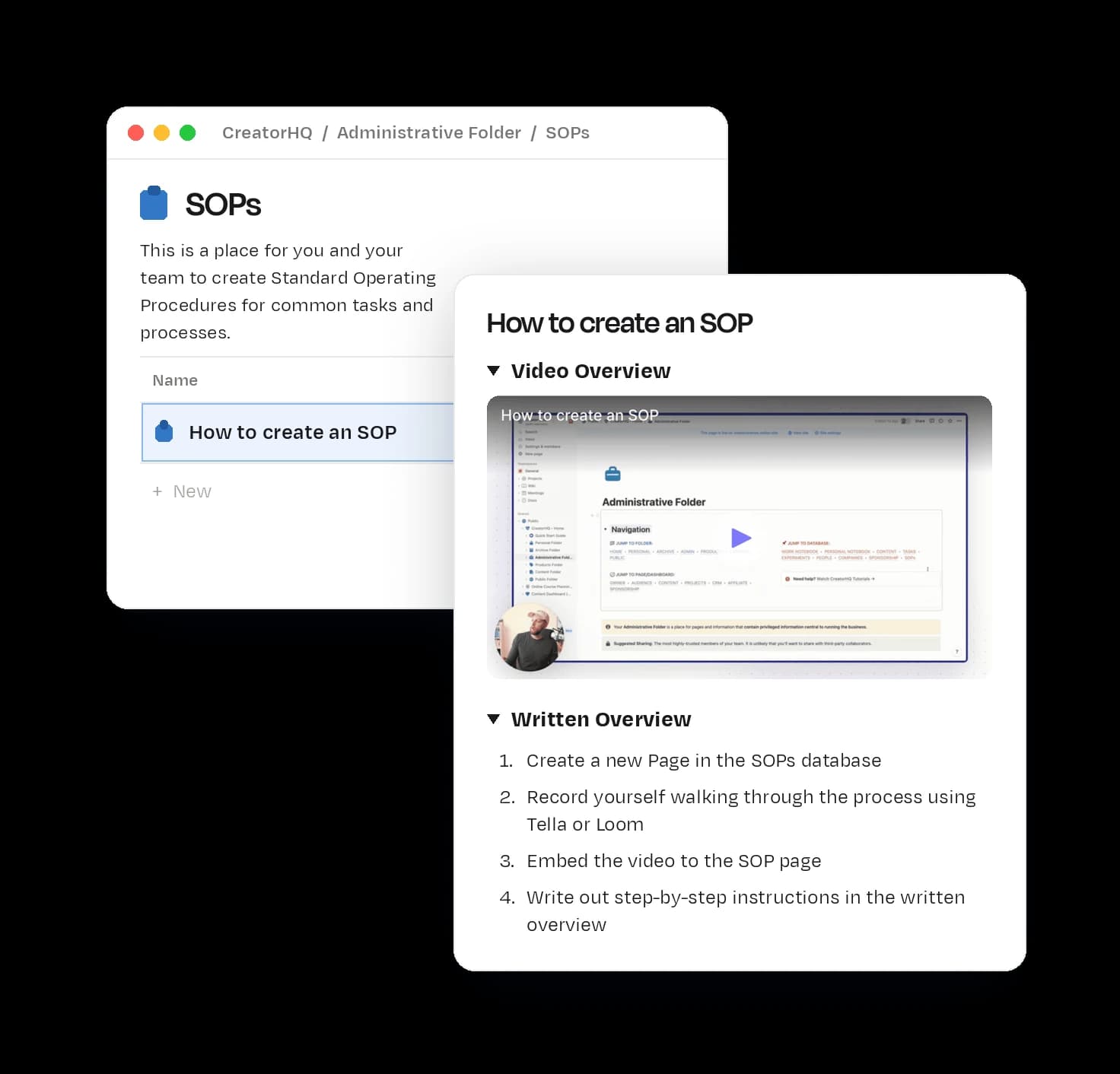 CreatorHQ's SOPs page in Notion