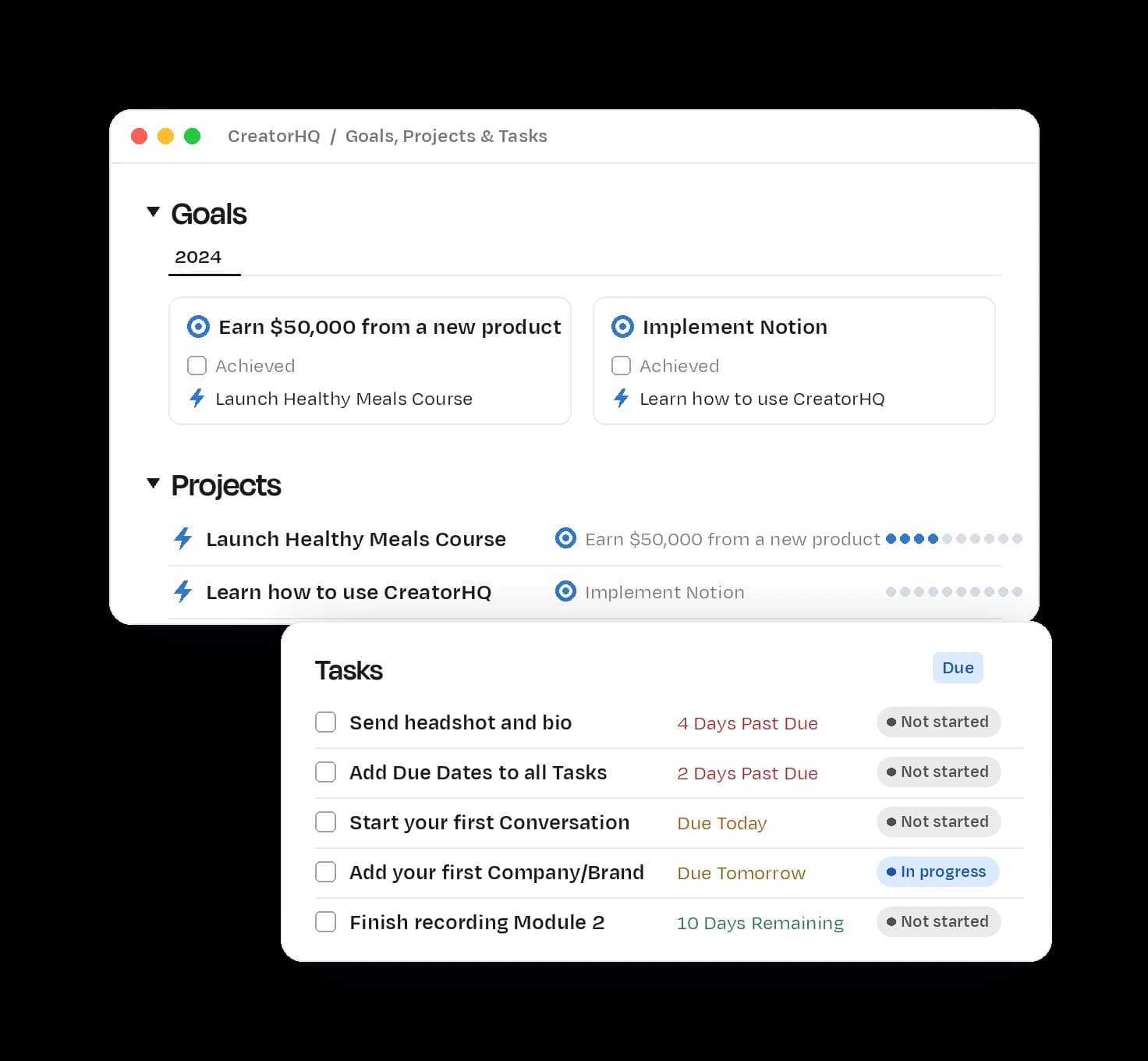 CreatorHQ's Goals, Projects & Tasks page in Notion