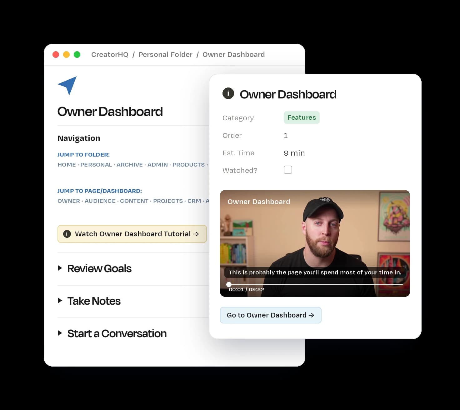 CreatorHQ's Owner Dashboard page in Notion